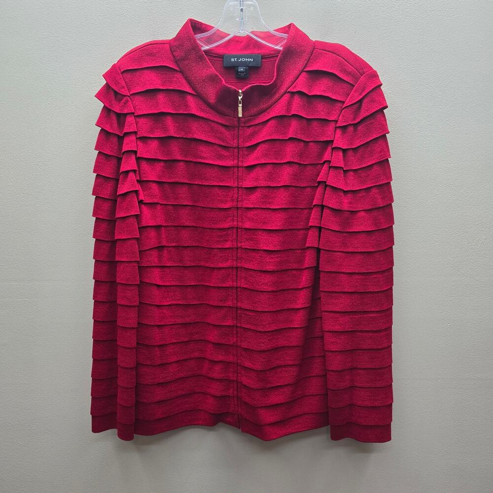St. John Jacket Size 12 Wool Blend Horizontal Layered Ruffles Red Quiet Luxury